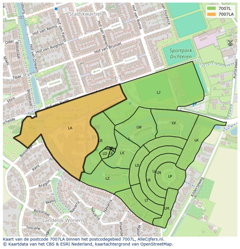 Afbeelding van het postcodegebied 7007 LA op de kaart.