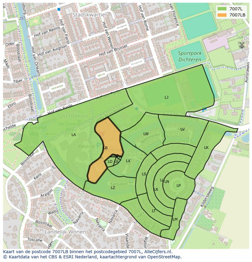 Afbeelding van het postcodegebied 7007 LB op de kaart.