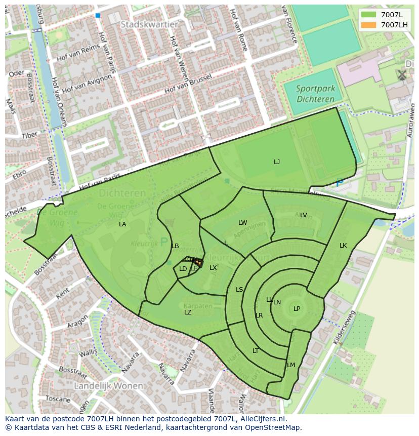 Afbeelding van het postcodegebied 7007 LH op de kaart.