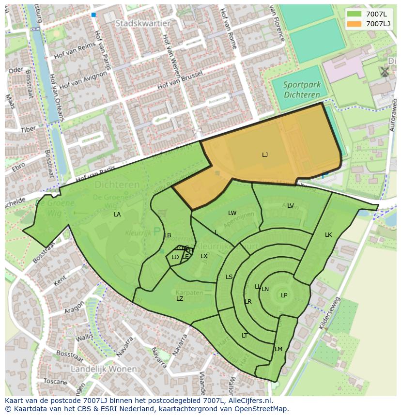 Afbeelding van het postcodegebied 7007 LJ op de kaart.