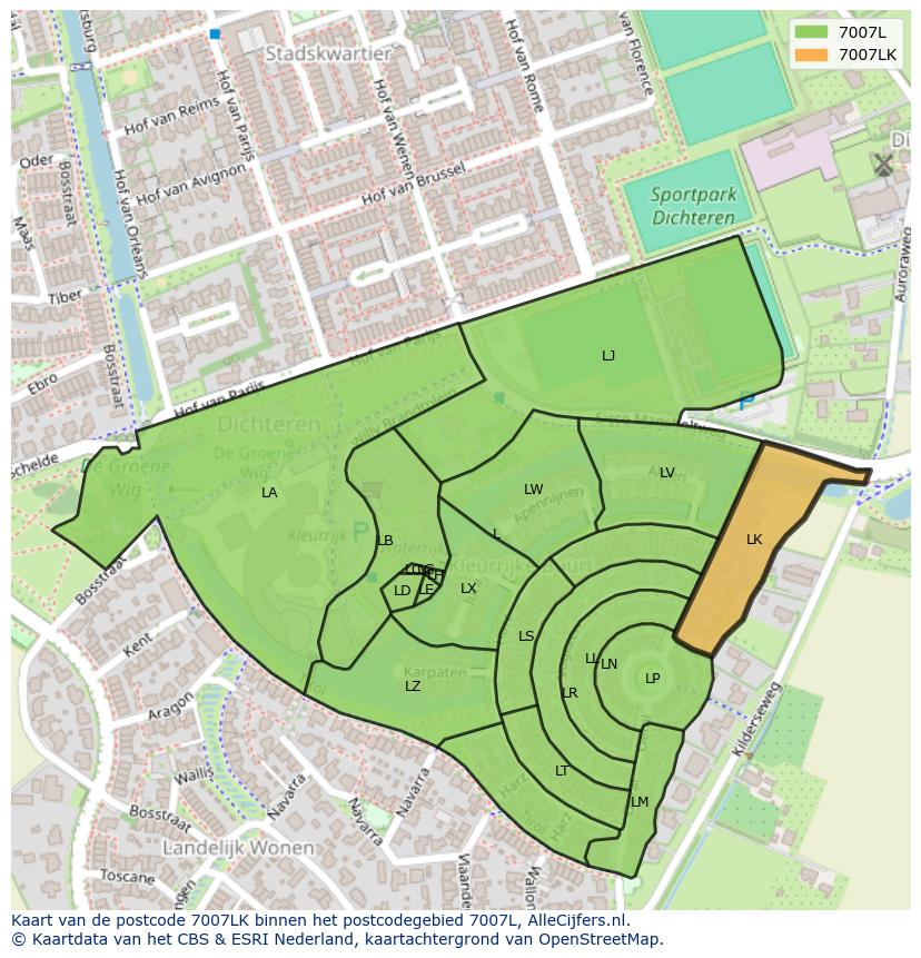 Afbeelding van het postcodegebied 7007 LK op de kaart.