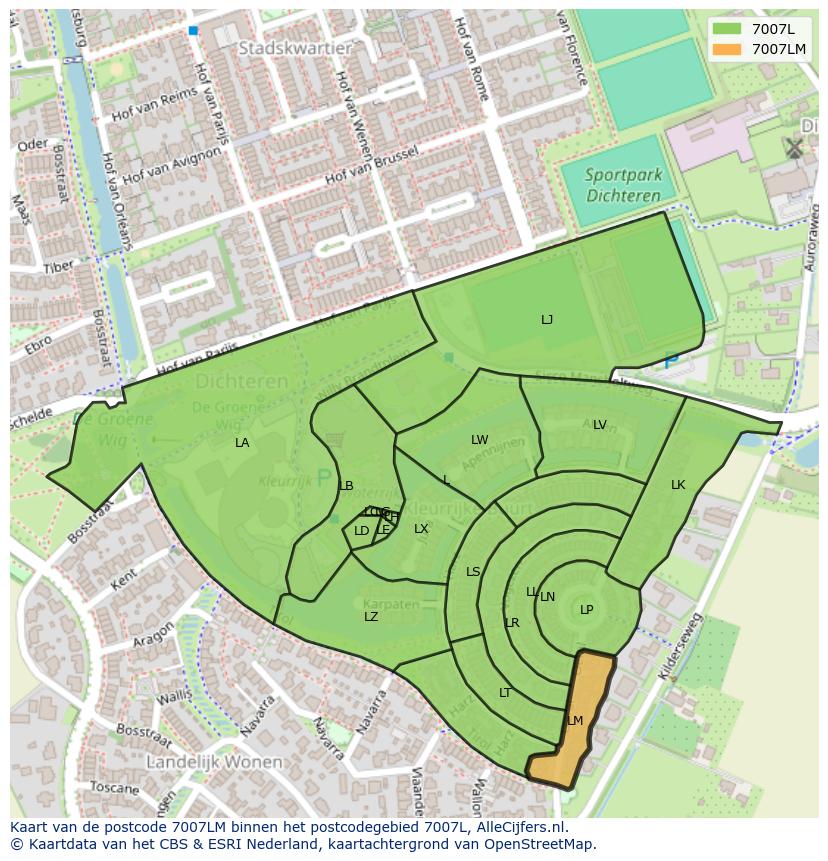 Afbeelding van het postcodegebied 7007 LM op de kaart.
