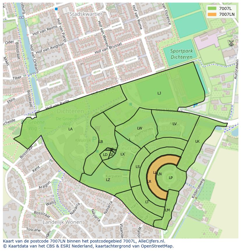 Afbeelding van het postcodegebied 7007 LN op de kaart.