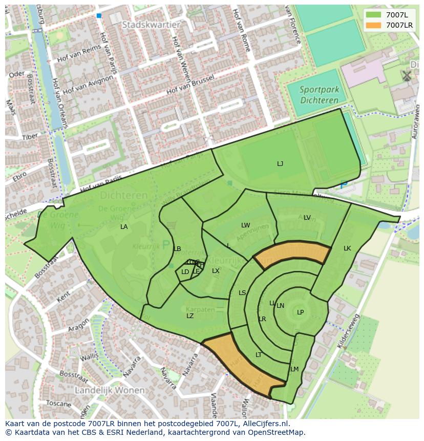 Afbeelding van het postcodegebied 7007 LR op de kaart.