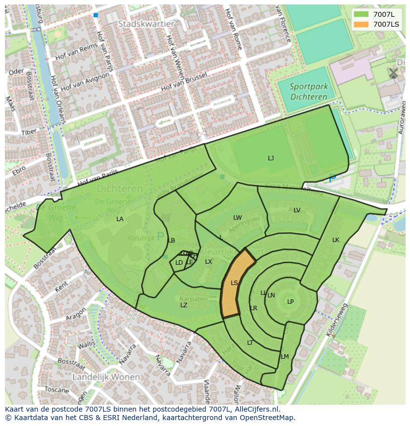 Afbeelding van het postcodegebied 7007 LS op de kaart.