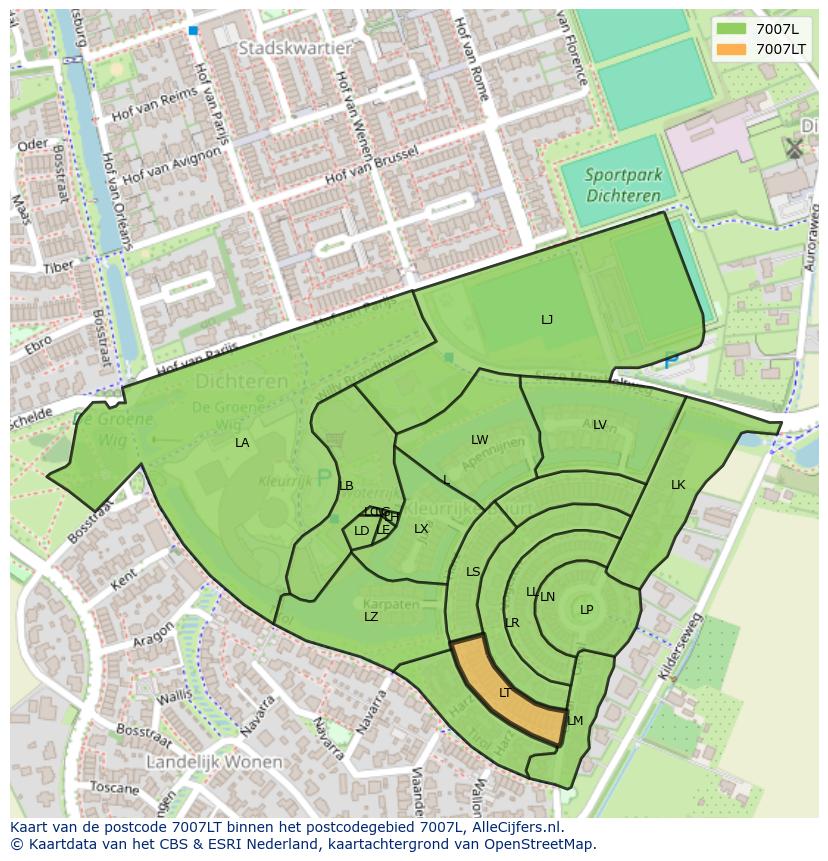 Afbeelding van het postcodegebied 7007 LT op de kaart.