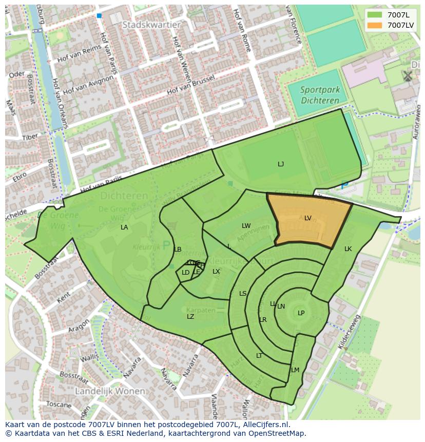 Afbeelding van het postcodegebied 7007 LV op de kaart.