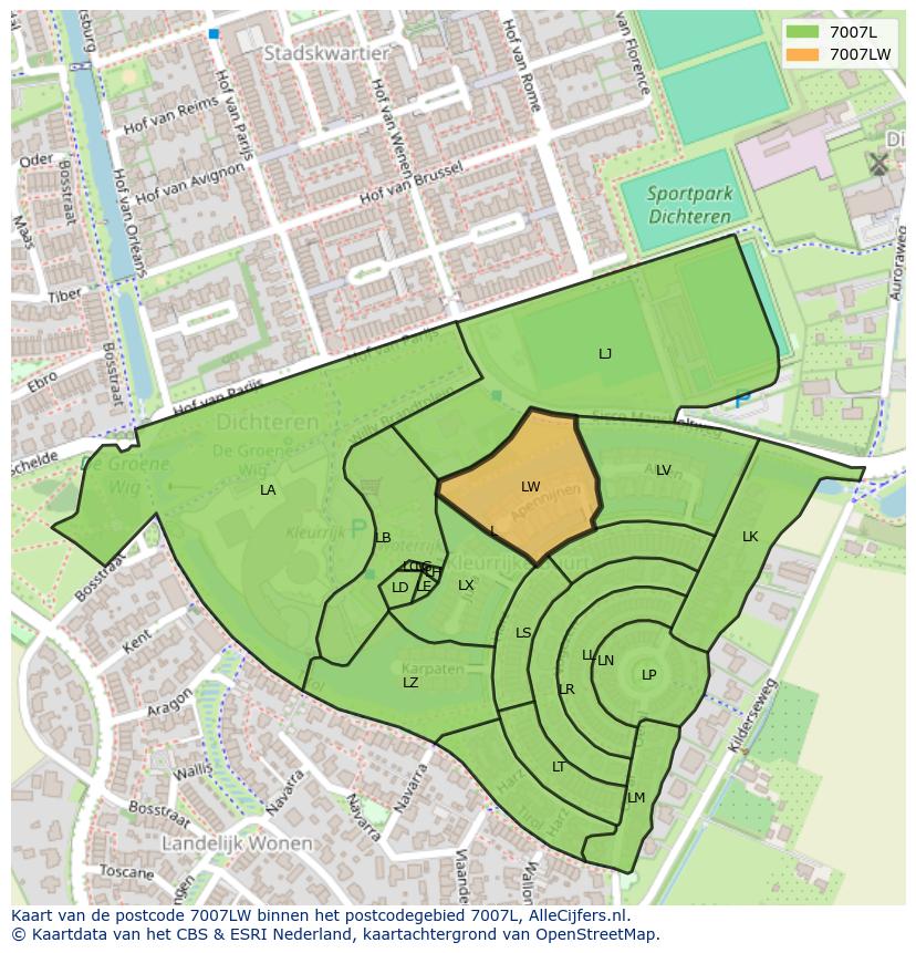 Afbeelding van het postcodegebied 7007 LW op de kaart.