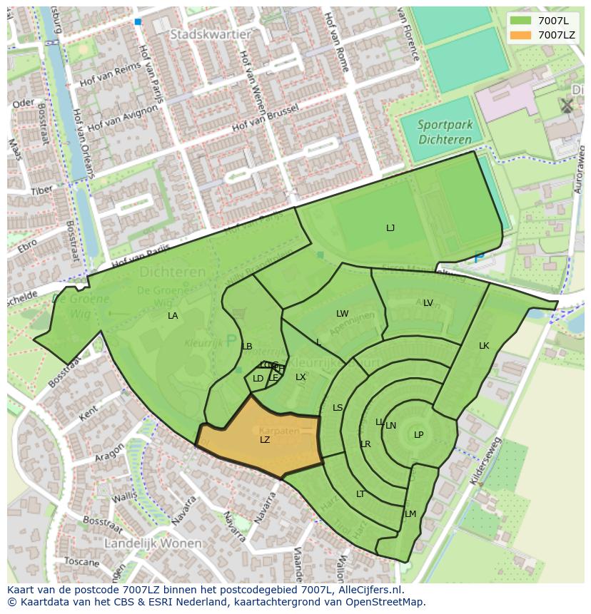 Afbeelding van het postcodegebied 7007 LZ op de kaart.