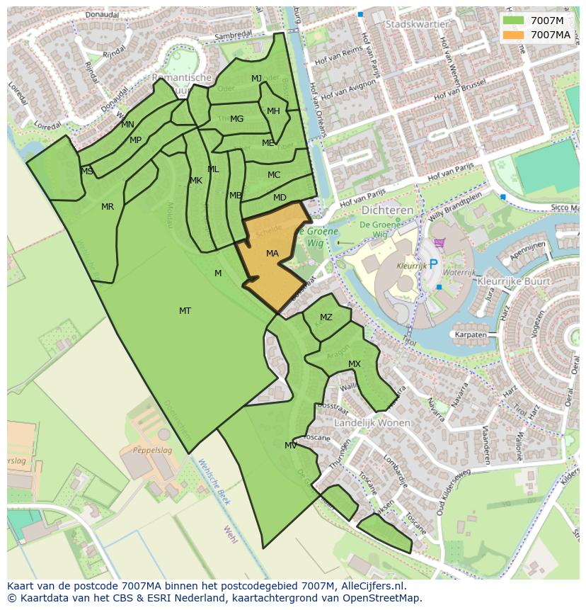 Afbeelding van het postcodegebied 7007 MA op de kaart.