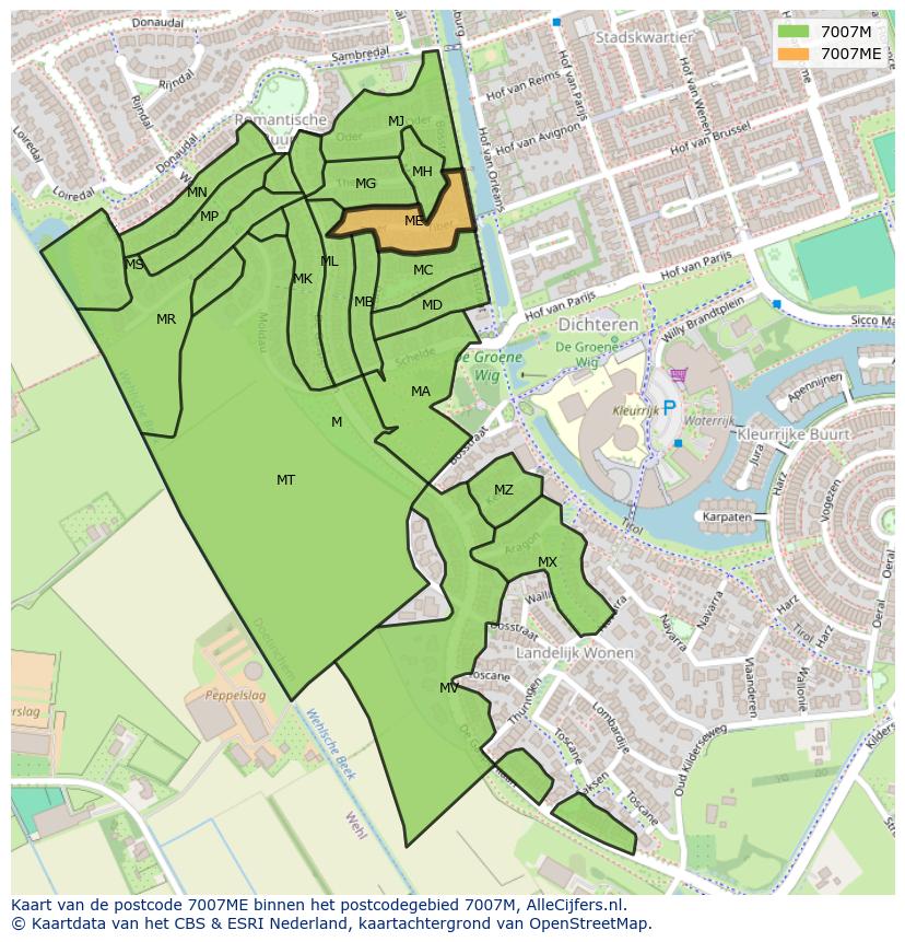 Afbeelding van het postcodegebied 7007 ME op de kaart.