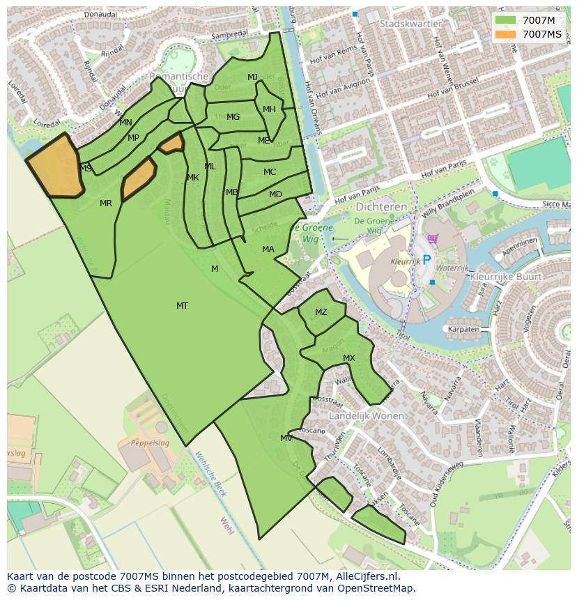 Afbeelding van het postcodegebied 7007 MS op de kaart.