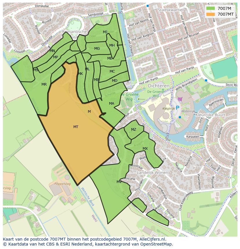 Afbeelding van het postcodegebied 7007 MT op de kaart.