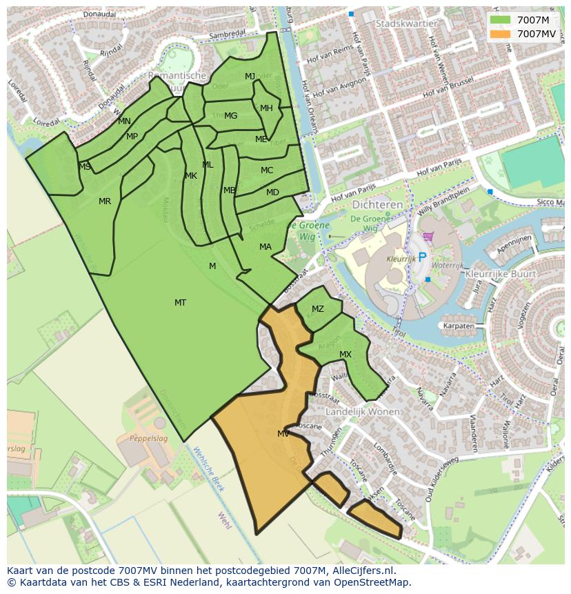 Afbeelding van het postcodegebied 7007 MV op de kaart.