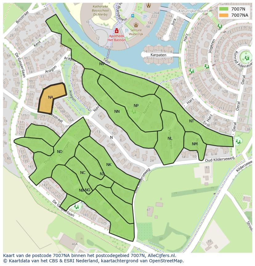 Afbeelding van het postcodegebied 7007 NA op de kaart.