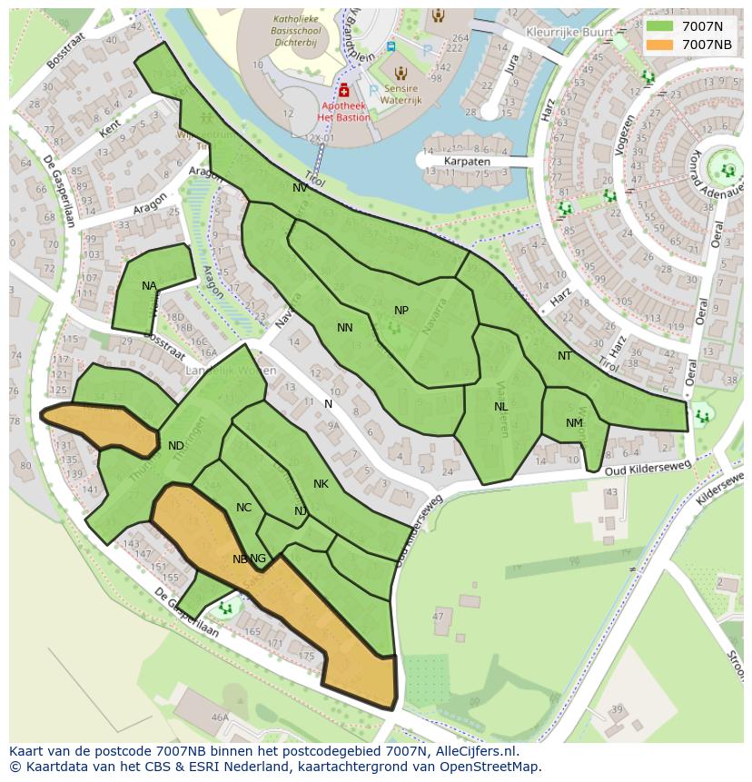 Afbeelding van het postcodegebied 7007 NB op de kaart.