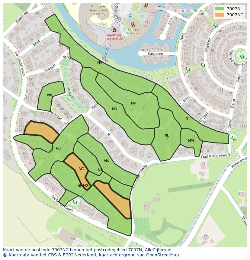 Afbeelding van het postcodegebied 7007 NC op de kaart.