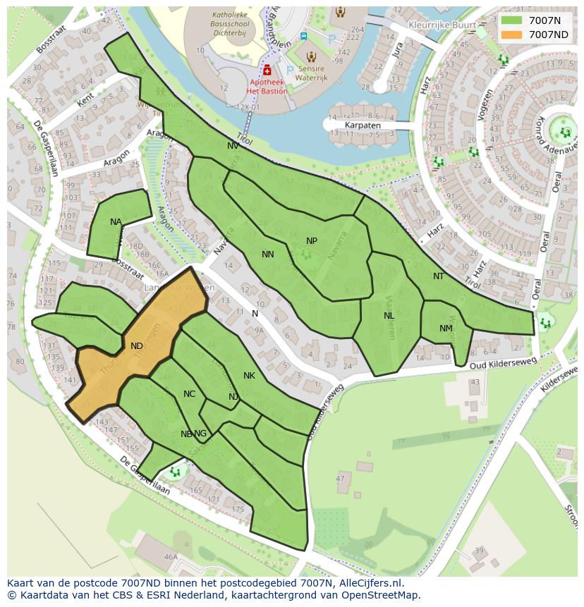 Afbeelding van het postcodegebied 7007 ND op de kaart.