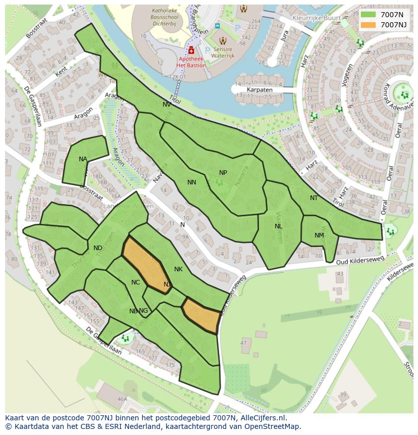 Afbeelding van het postcodegebied 7007 NJ op de kaart.