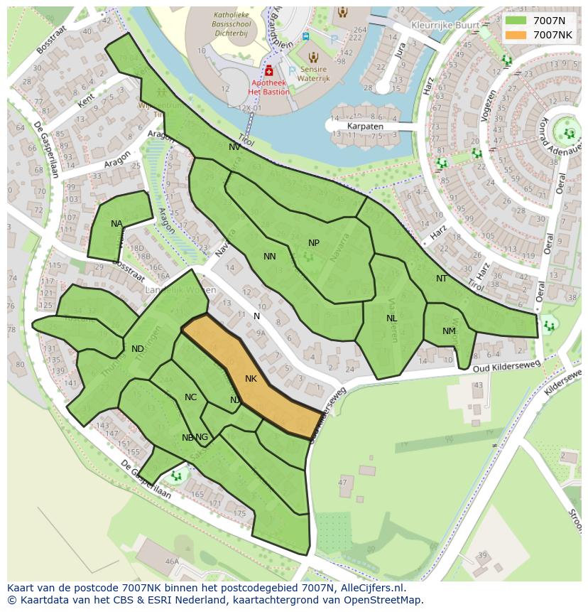 Afbeelding van het postcodegebied 7007 NK op de kaart.