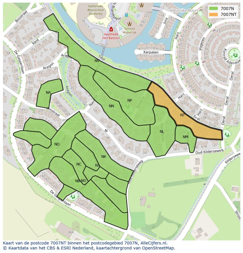 Afbeelding van het postcodegebied 7007 NT op de kaart.
