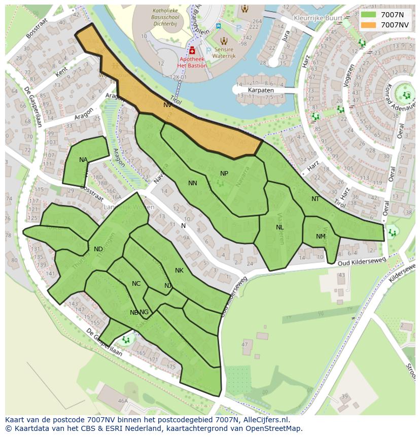 Afbeelding van het postcodegebied 7007 NV op de kaart.