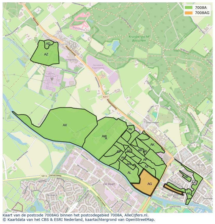 Afbeelding van het postcodegebied 7008 AG op de kaart.