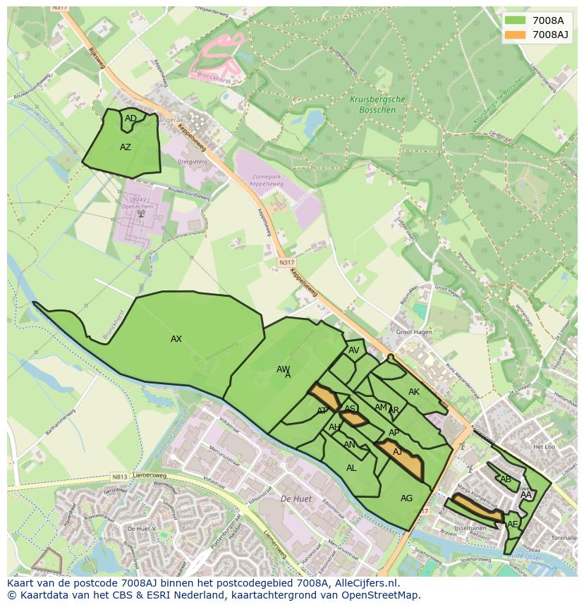 Afbeelding van het postcodegebied 7008 AJ op de kaart.