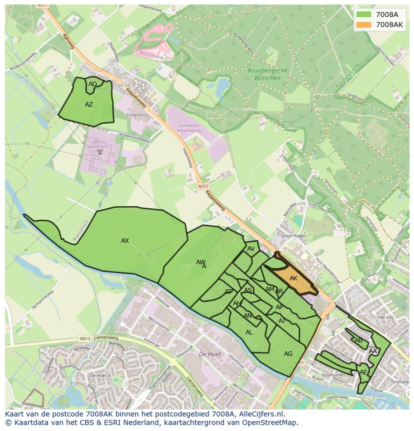 Afbeelding van het postcodegebied 7008 AK op de kaart.