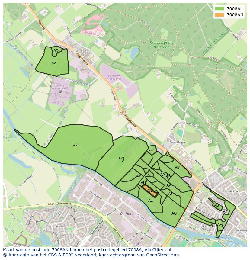 Afbeelding van het postcodegebied 7008 AN op de kaart.