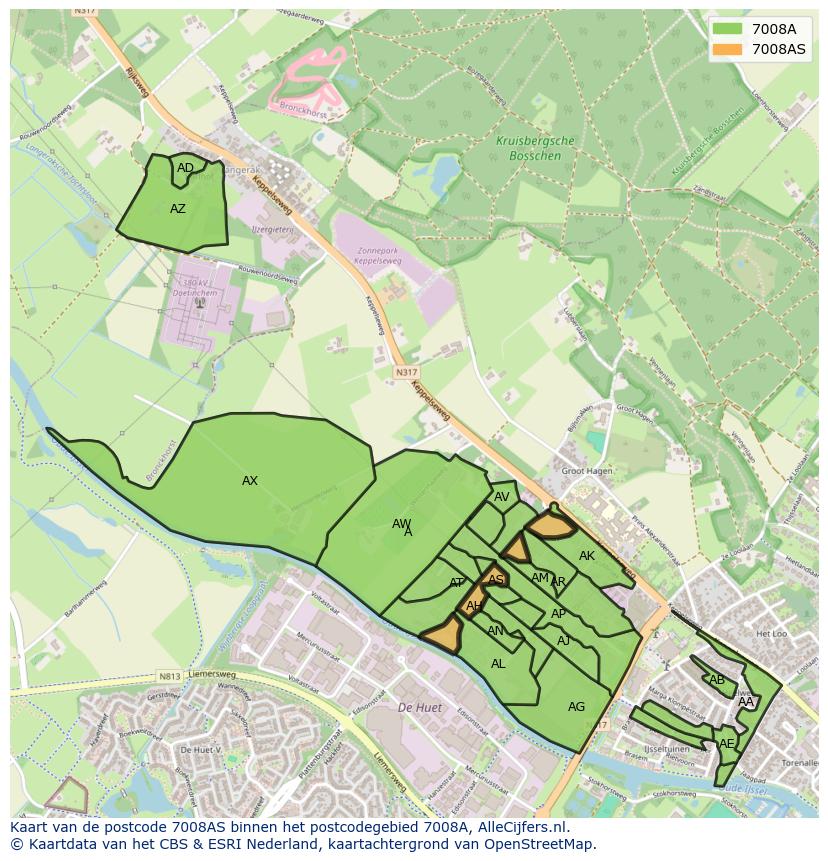 Afbeelding van het postcodegebied 7008 AS op de kaart.