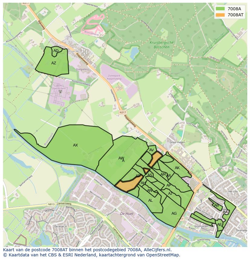 Afbeelding van het postcodegebied 7008 AT op de kaart.