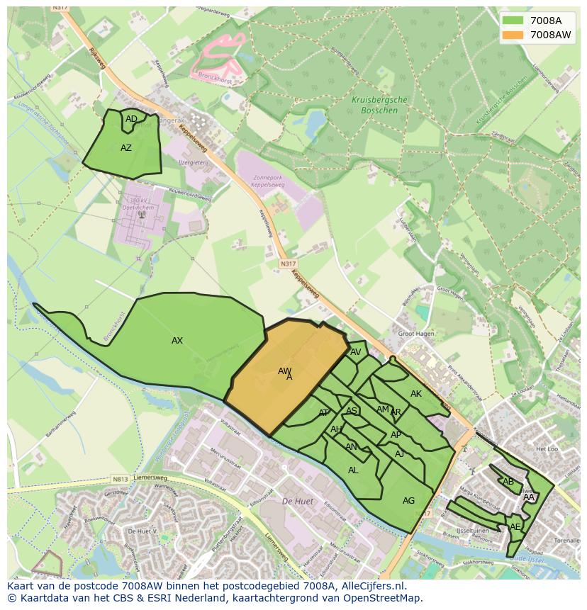 Afbeelding van het postcodegebied 7008 AW op de kaart.