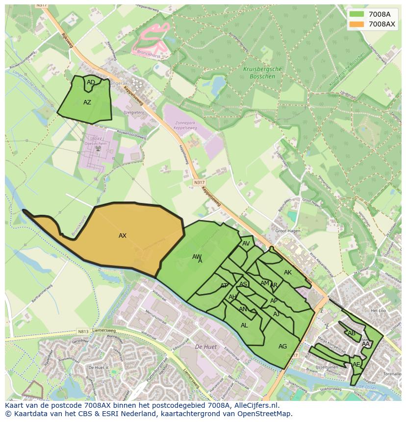 Afbeelding van het postcodegebied 7008 AX op de kaart.