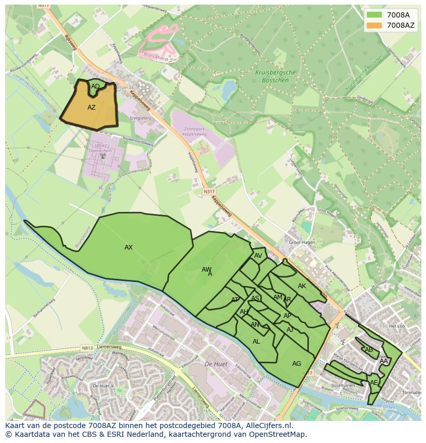 Afbeelding van het postcodegebied 7008 AZ op de kaart.