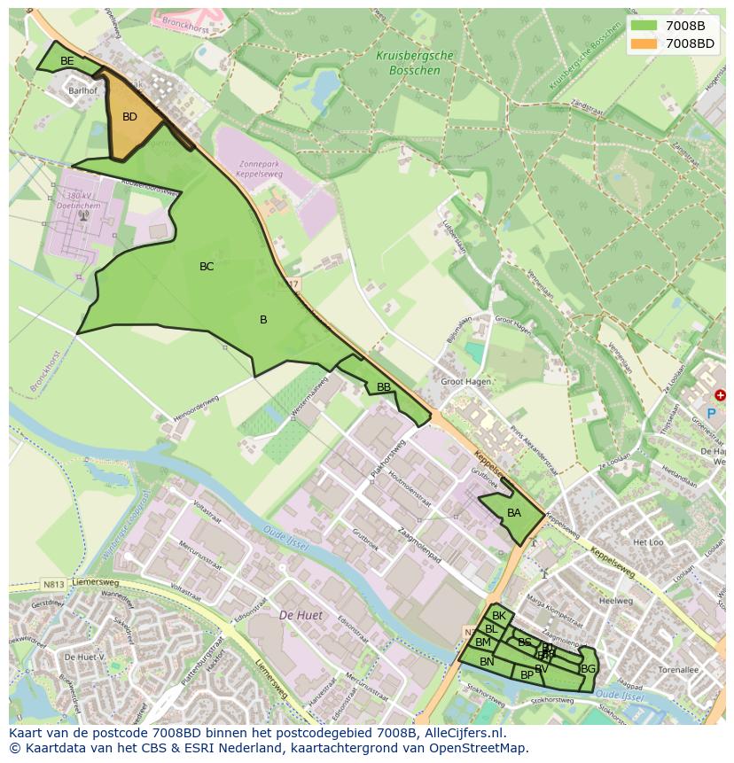 Afbeelding van het postcodegebied 7008 BD op de kaart.