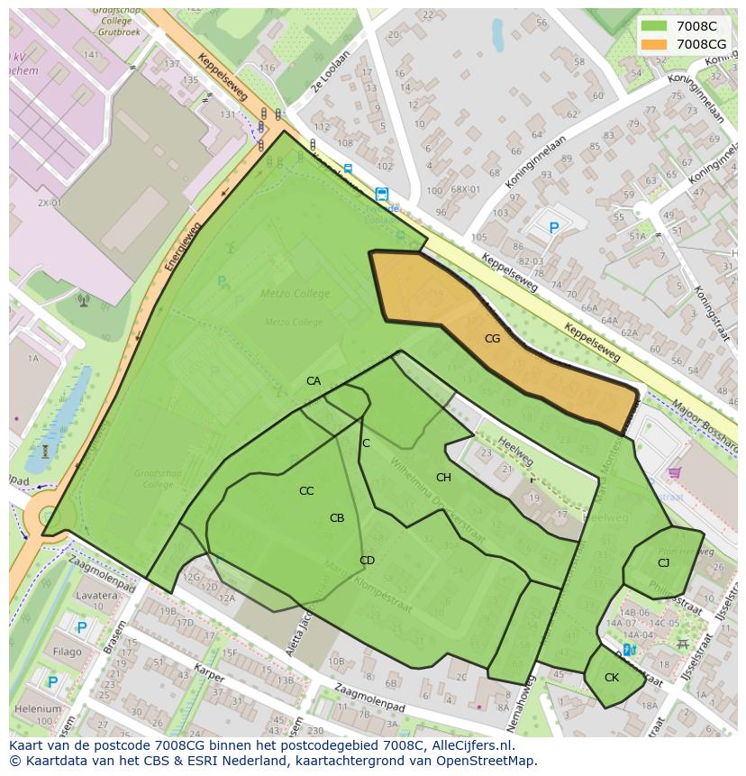 Afbeelding van het postcodegebied 7008 CG op de kaart.