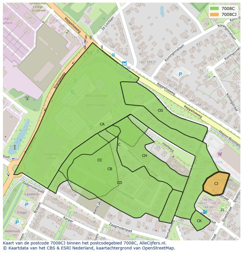 Afbeelding van het postcodegebied 7008 CJ op de kaart.