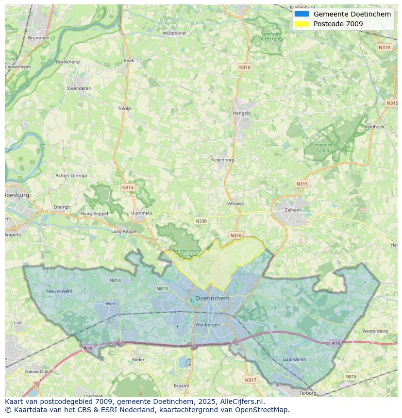 Afbeelding van het postcodegebied 7009 op de kaart.