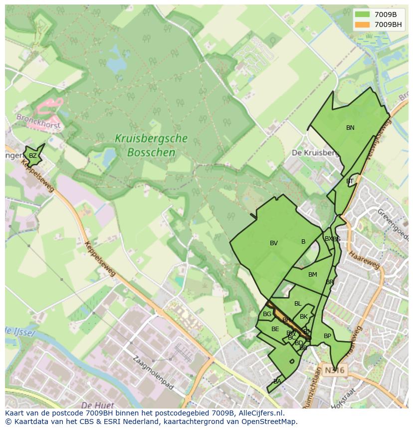 Afbeelding van het postcodegebied 7009 BH op de kaart.
