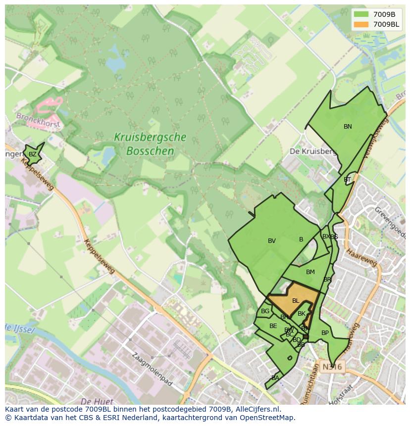 Afbeelding van het postcodegebied 7009 BL op de kaart.