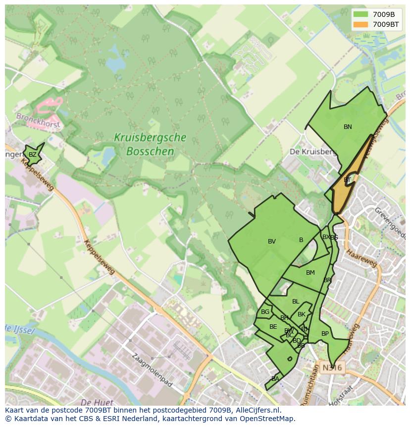 Afbeelding van het postcodegebied 7009 BT op de kaart.