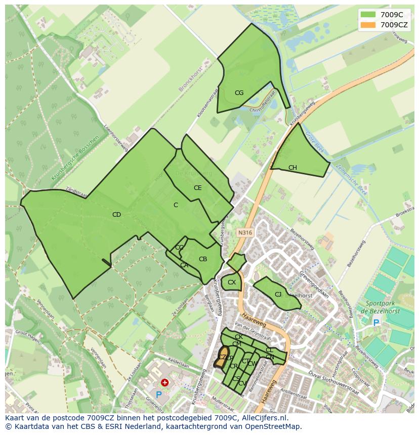 Afbeelding van het postcodegebied 7009 CZ op de kaart.