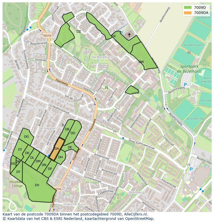 Afbeelding van het postcodegebied 7009 DA op de kaart.