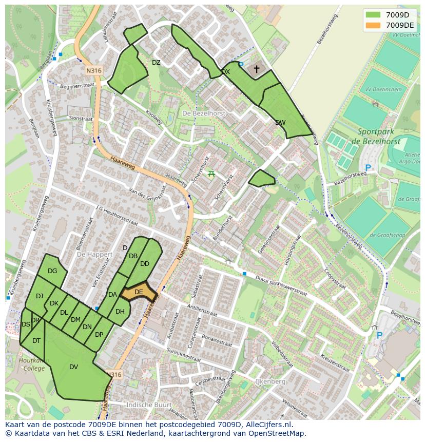 Afbeelding van het postcodegebied 7009 DE op de kaart.