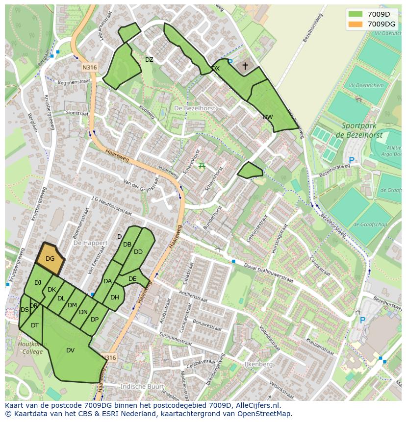 Afbeelding van het postcodegebied 7009 DG op de kaart.