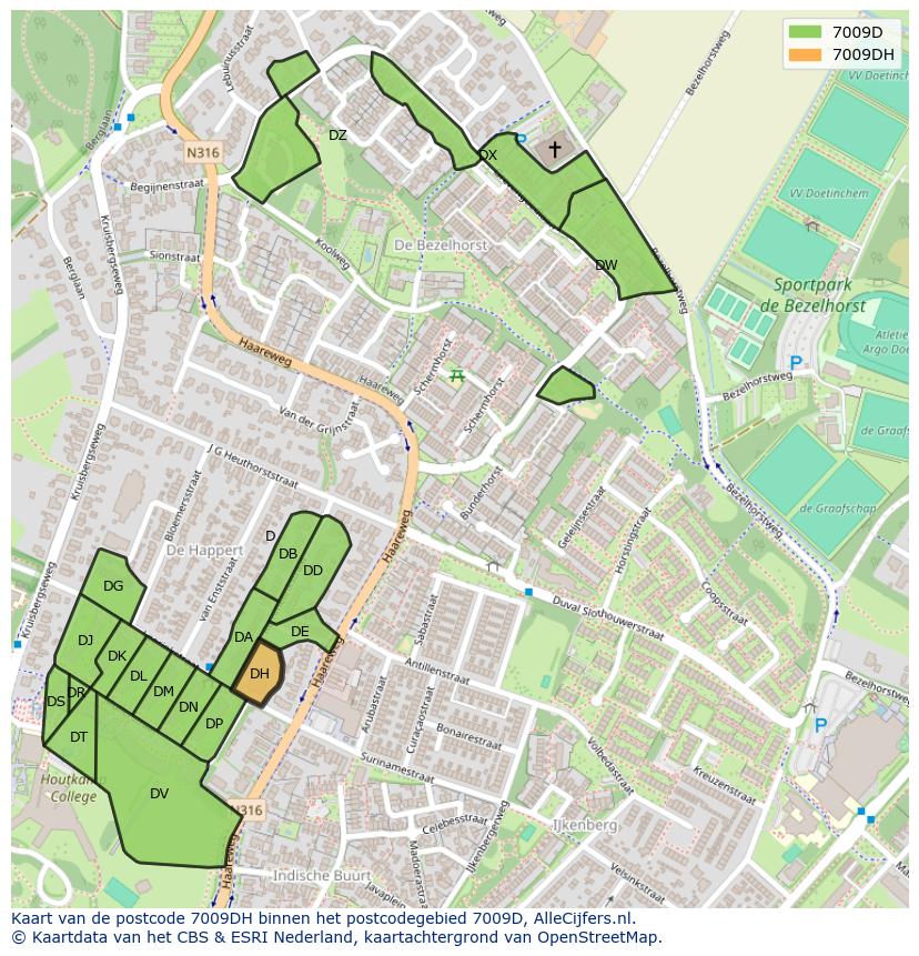 Afbeelding van het postcodegebied 7009 DH op de kaart.