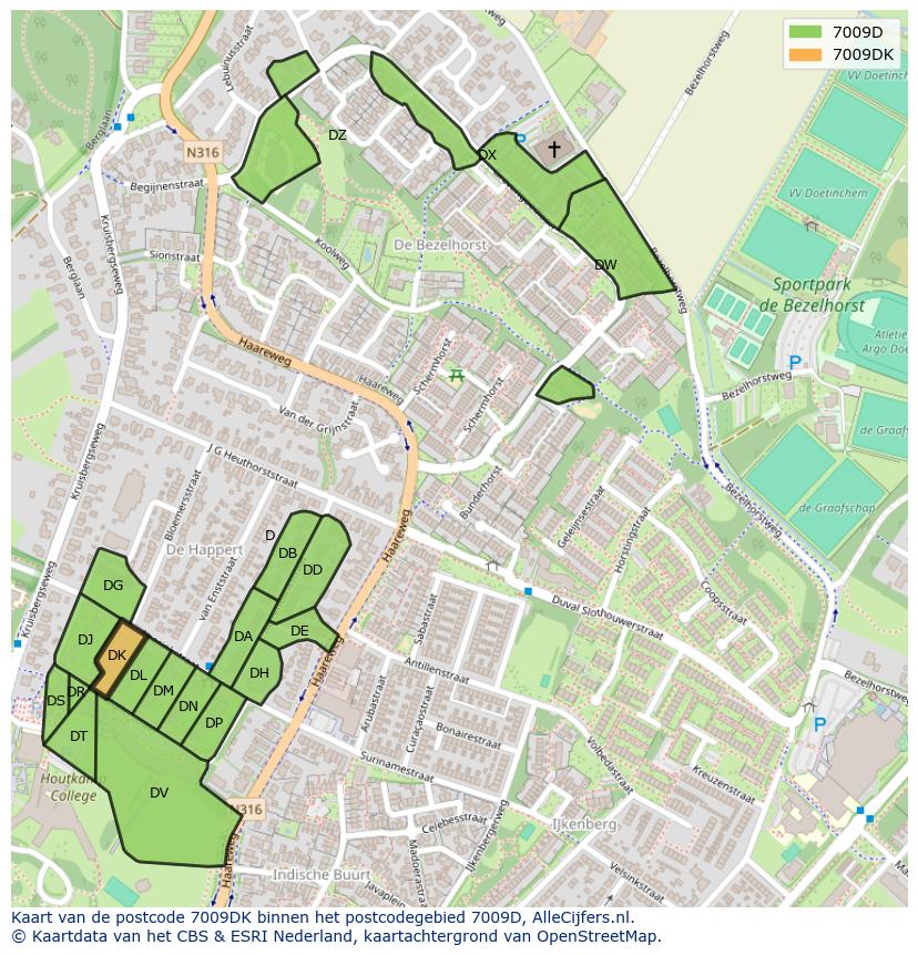 Afbeelding van het postcodegebied 7009 DK op de kaart.