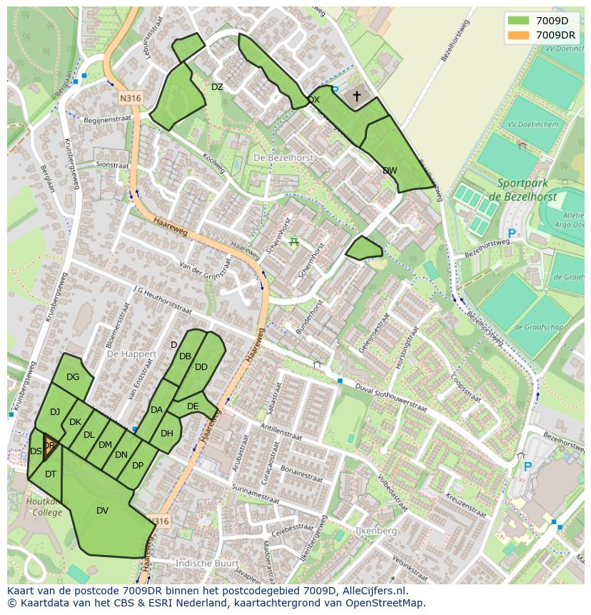Afbeelding van het postcodegebied 7009 DR op de kaart.