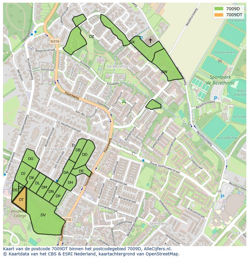 Afbeelding van het postcodegebied 7009 DT op de kaart.